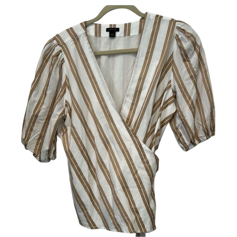 Ann Taylor Brown and White Wrap Blouse with Puff Sleeves